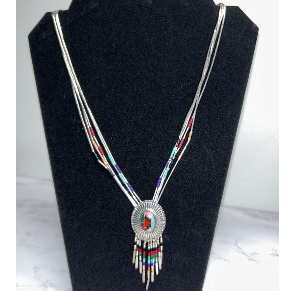 Navajo LIQUID STERLING SILVER Concho Multi Strand Necklace Multi Inlay